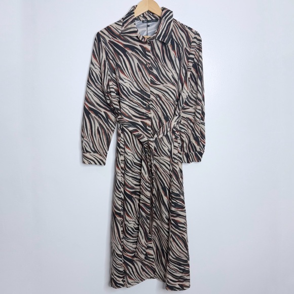 NWT Zara Zebra‎ Print Button Down Shirt Midi Dress Tan/Black/Brown Size Medium - Picture 2 of 13